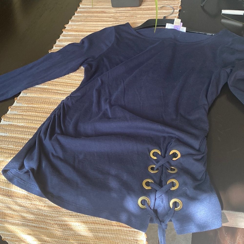 EUC Michael Kors size S navy top with boat neck , cinching at waist